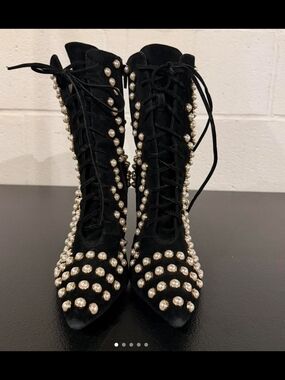 Jeffrey Campbell Black Lace-Up Ankle Boots with Silver Pearl Studs
